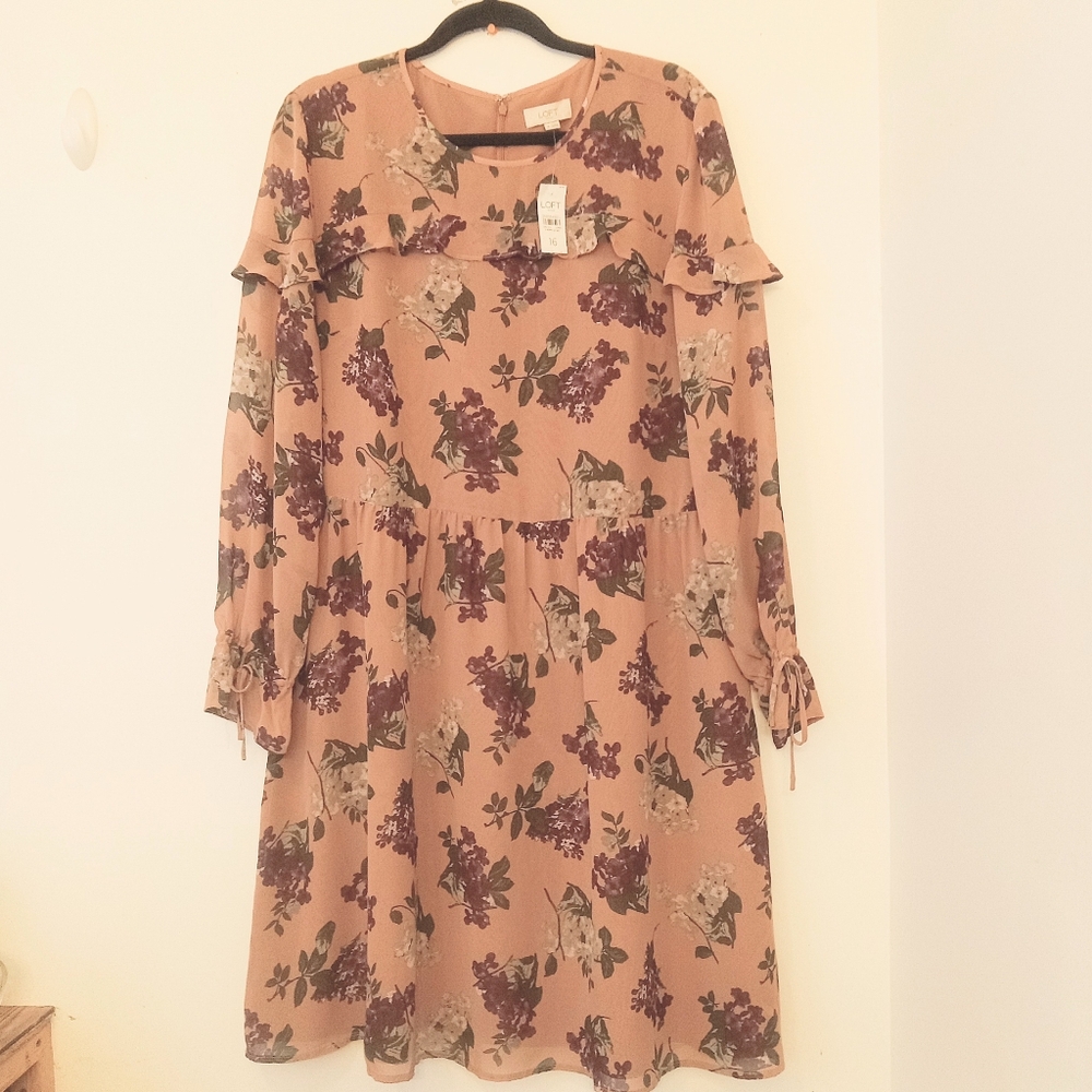 Loft outlet floral print dress poet sleeves dusty rose romantic Size 16 NWT.